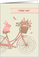 Thank You card, Pink Bicycle, Rabbit, Flower Basket, Blank Inside card
