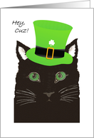 St. Patrick’s Day for Cuz Cousin, Cat wears Green Top Hat, Irish Toast card