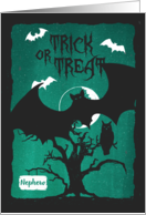 Halloween for Nephew Owl in Crooked Tree with Bats & Poem card