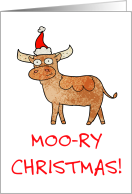 Bull with Santa Cap Christmas card - Moo-ry Christmas! card