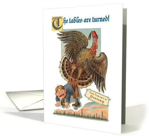 Thanksgiving, turkey grabs boy, humor card (706568)