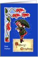 Merry Christmas for Partner, Poinsettias, Girl in Snow with Umbrella card