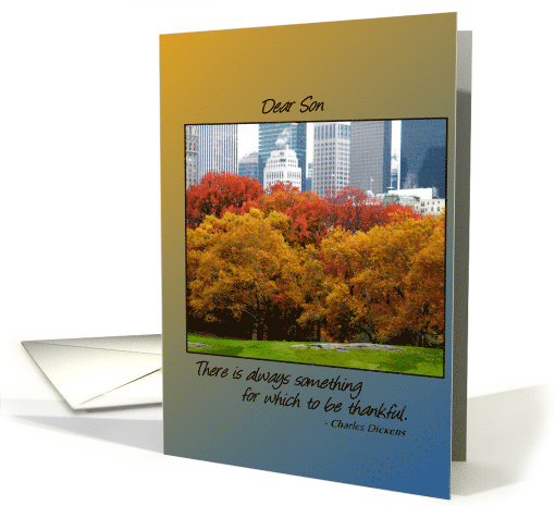 Thanksgiving for Son, Central Park, N.Y. in Autumn Dickens Quote card