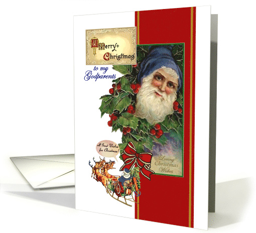 Christmas for Godparents, Vintage Santa in Blue, Reindeer Red Bow card