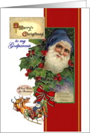 Christmas for Godparents, Vintage Santa in Blue, Reindeer Red Bow card
