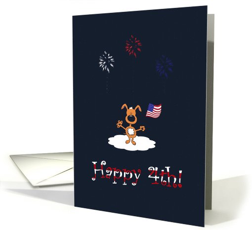 Cartoon Puppy Dog With Flag, Fireworks, Happy 4th Of July card