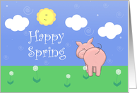 Happy Spring, Cute Pig, Sun, Clouds, Dandelions card