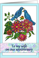Happy Anniversary to My Wife with Blue Birds and Doodled Flowers card