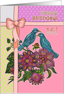 Happy 16th Birthday, ribbon / bow, dots, stripes, chevron, birds. card