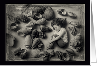 Blank note card, miniature girl sleeping among seashells card