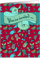 Lingerie party invitation, vintage mint banner, underwear pattern, red card