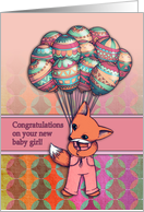 Congratulations on Your New Baby Girl Fox Illustration with Balloons card