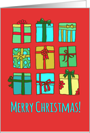 Merry Christmas, cartoon hand drawn gifts, red, blue, yellow, green card