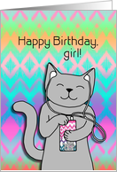 Happy Birthday Girl with Cat Listening to Music & Rainbow Ikat Pattern card