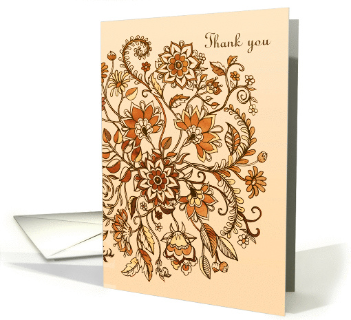 Thank you card, Jacobean floral pattern, hand drawn, tan,... (1146848)