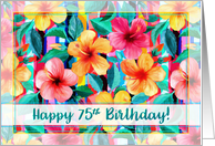Happy 75th Birthday with Colorful Hibiscus Flowers and Stripes card