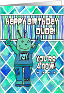 Happy 4th Birthday Dude Blue & Green Robot with Diamond Pattern card