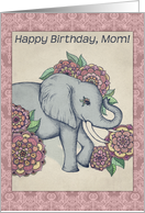 Happy Birthday, Mom! Cute elephant illustration, vintage pastels, pink card