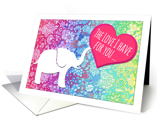 Happy Valentine's Day - cute elephant with heart, rainbow doodles card