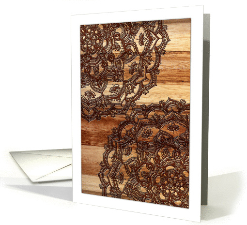 Chocolate brown floral doodles on wood background, blank note card