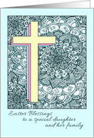 Easter Blessings to Daughter & Family with Cross on Teal Doodle Design card