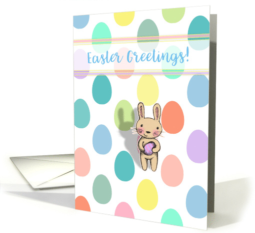 Easter Greetings Cute Bunny Illustration and Pastel Eggs on White card