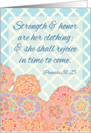 Christian scripture card for her, Proverbs 31:25, floral, blue pattern card