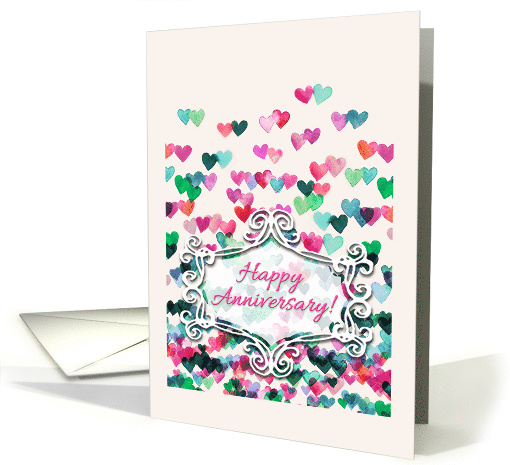 Happy Anniversary with Watercolor Hearts in Pink Purple and Green card