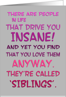 Happy Siblings Day Funny Humor with Pink and Purple Typography card