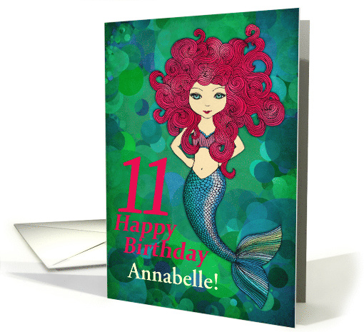 11th Birthday, Cute Mermaid with pink hair, customizable... (948969)