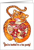 You’re invited to a tea party, cute tiger, cupcakes, teapot, cake. card