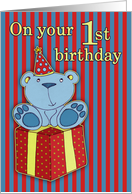 Happy Birthday, 1st birthday, teddy with gift, red, blue, yellow card