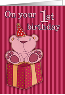 Happy Birthday, 1st birthday, teddy with gift, crimson, pink, yellow card
