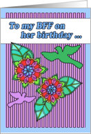 Happy Birthday, BFF, mandala doodle flowers, bird silhouettes card