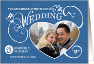 Blue & White Fancy Floral Heart Custom Photo Wedding Invitation card