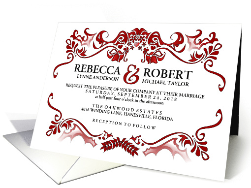 Fancy Maroon Red Border Modern Wedding Invitation card (1349638)