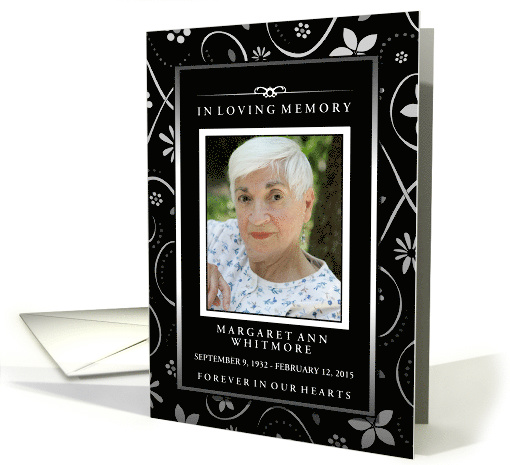 Thank You, Black & White Floral In Loving Memory Custom Photo card