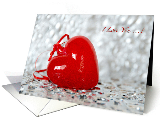 Happy Valentine Day! I love you message. Red Heart on Silver card