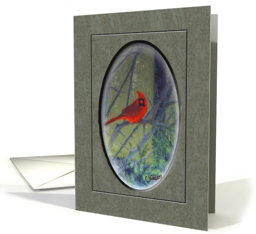 Blank Greeting Red Bird On Tree Branch Digital Painting card (743660)