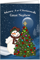 1st Christmas Great Nephew, Snowman, tree card