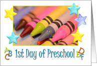 Preschool 1st Day, crayons, alphabets card