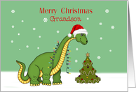 Merry Christmas Grandson, Green Dinosaur with Santa Hat card