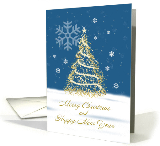 Merry Christmas and Happy New Year, Gold and White Tree, Snow card
