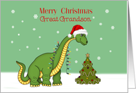 Merry Christmas Great Grandson, Green Dinosaur with Santa Hat card