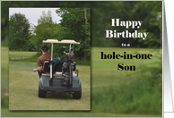 Guy in a golf cart, Happy Birthday to a hole-in-one Son card