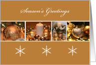 Season’s Greetings Ornaments, photos of gold and silver ornaments card