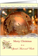 Merry Christmas Aunt and Uncle, ornaments, lights, snowflakes card