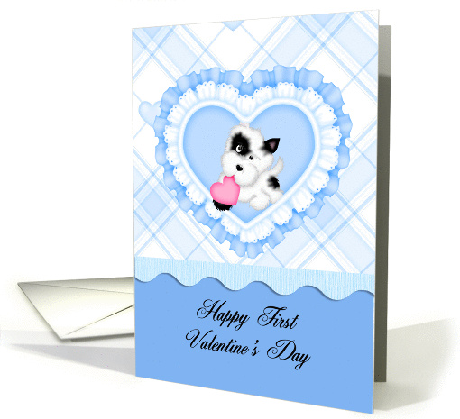 Happy First Valentine's Day Grandson, blue heart and puppy card