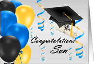 Congratulations Son Bachelor’s Degree, grad hat, balloons, degree card