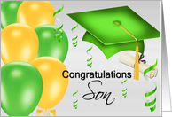 Congratulations To Graduating Son, Graduation Cap, Balloons, Diploma card